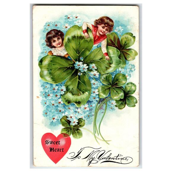 Valentine Postcard Early Raphael Tuck Card Cupid Cherub  Vintage 1907 Valentine Postcard Cherub Children Four Leaf Clover Nyack NY